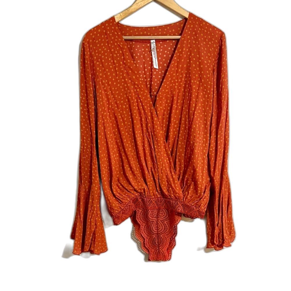 Free People Making Waves Bodysuit Orange Polka Dot Bell Cuff size M Boho Party
